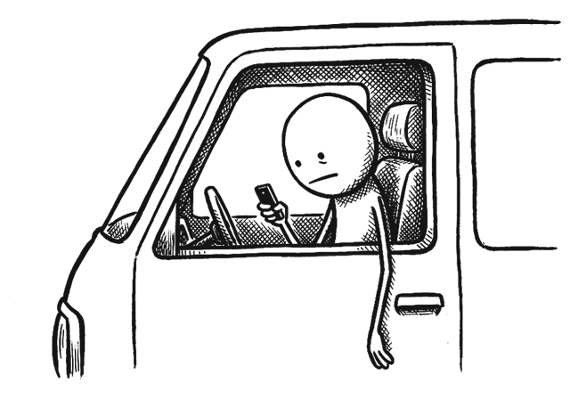 A man sitting in his van, looking down at a phone that is not ringing.